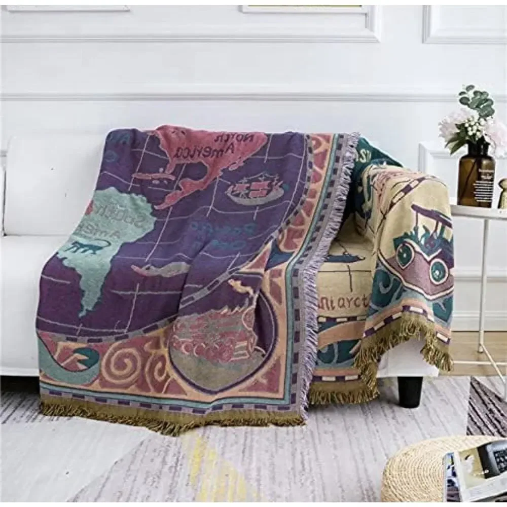 World Map Throw Blanket Wall Tapestry 3 Layers Cotton Woven Sofa Blanket 70x51”
